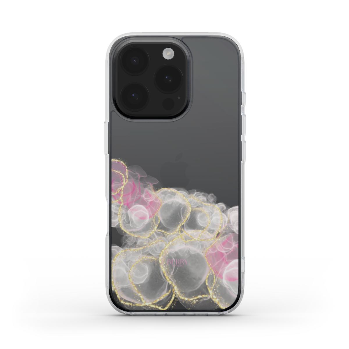 Trendy feminine phone case with clear design featuring delicate gold, pink, and multicolored accents for a pretty, girly aesthetic.