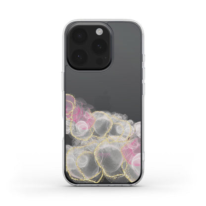 Trendy feminine phone case with clear design featuring delicate gold, pink, and multicolored accents for a pretty, girly aesthetic.