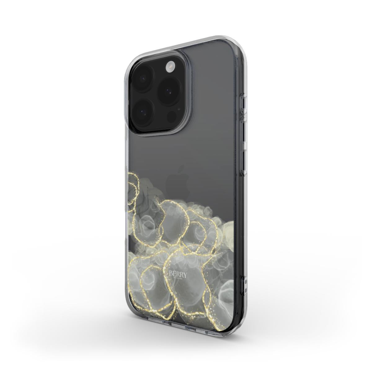 Clear phone case with clear, multicolored gold accents featuring elegant, feminine bubble pattern for a trendy, aesthetic, and beautiful look.