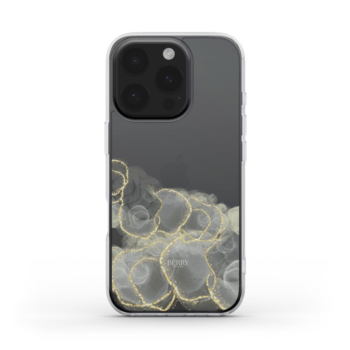 Clear phone case with multicolored, clear and gold abstract floral pattern for a trendy, feminine, and elegant look.