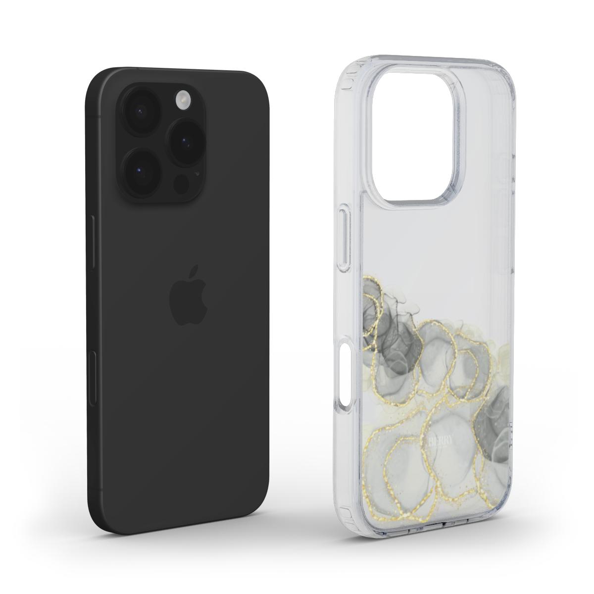 Clear phone case with multicolored gold and gray abstract patterns, showcasing a trendy and feminine aesthetic for a stylish phone accessory.