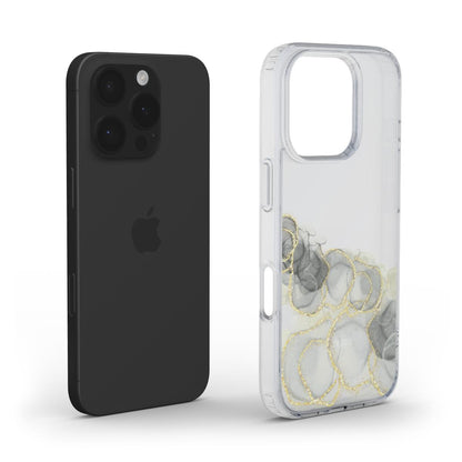 Clear phone case with multicolored gold and gray abstract patterns, showcasing a trendy and feminine aesthetic for a stylish phone accessory.