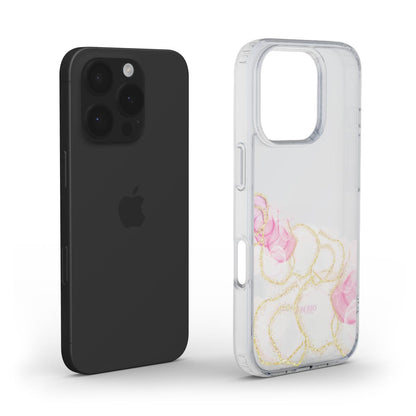 Clear phone case with pink and gold multicolor delicate pattern, showcasing a trendy and feminine design to complement stylish smartphones.