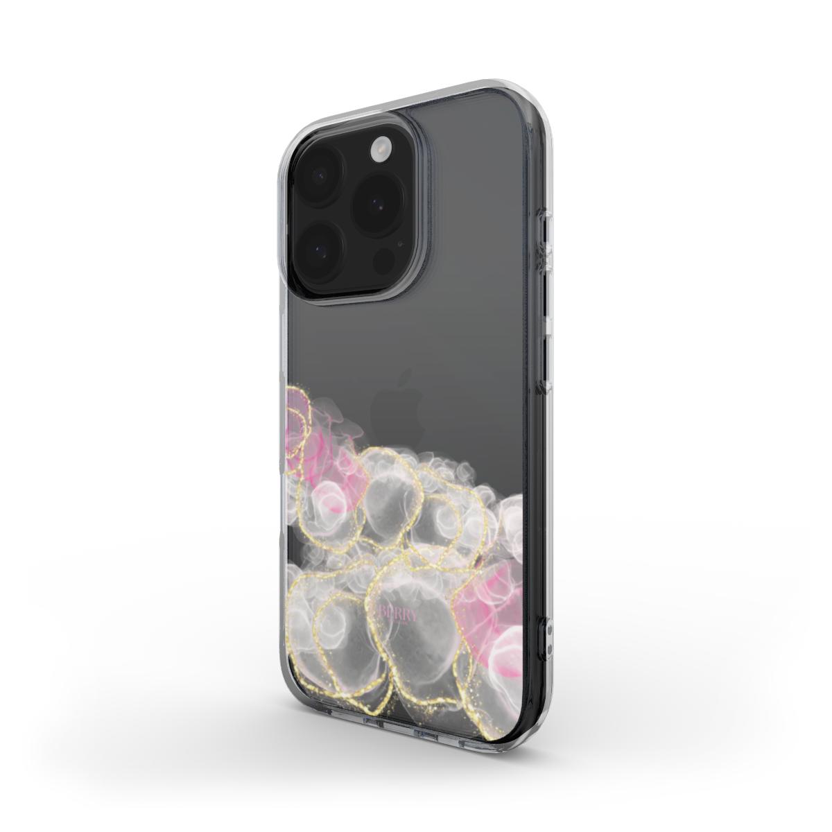 Clear Pretty Dream phone case with a trendy clear design featuring pink, gold, and multicolored bubbly pattern for a feminine and stylish look.