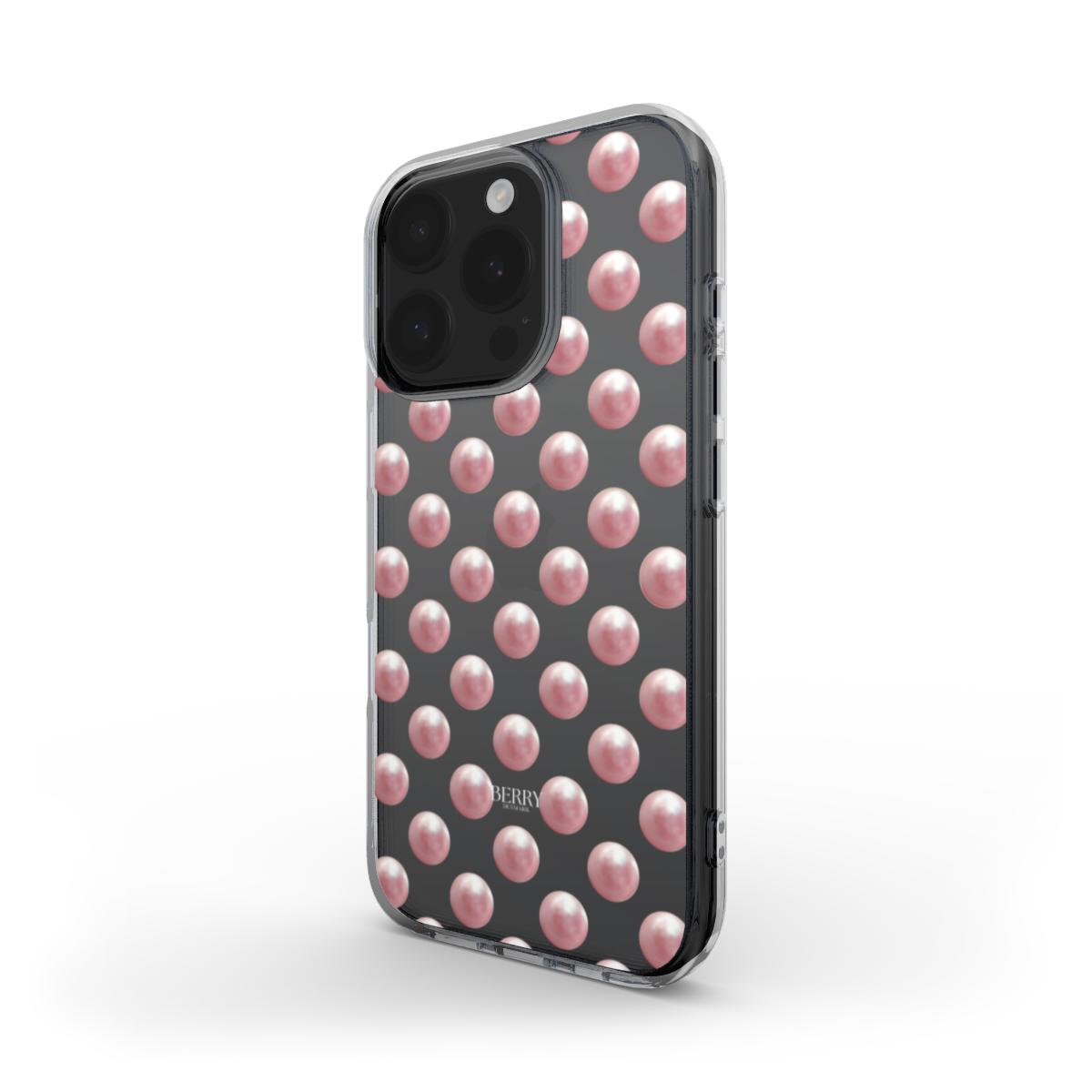 Clear trendy phone case with a feminine rosaguld and pink pearl pattern on a clear background, combining elegance and playful charm.