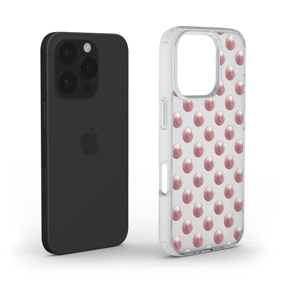 Transparent phone case with pink pearl pattern in rose gold and clear colors, showcasing a trendy and feminine aesthetic for that girly popular look.