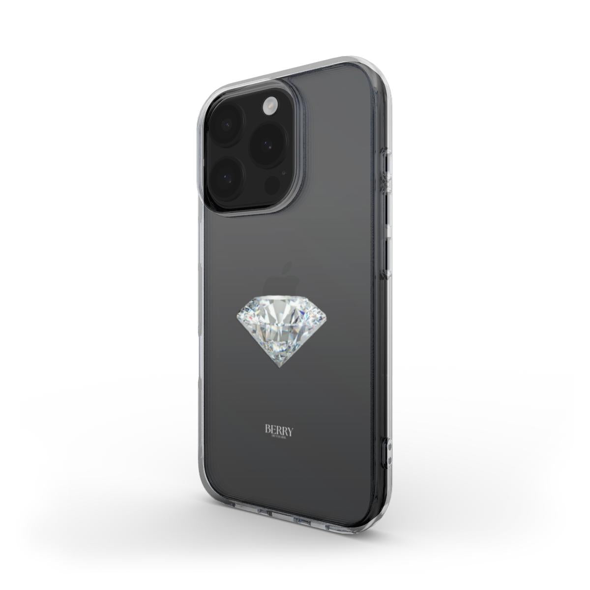 Trendy clear phone case with a sparkling silver and gray diamond design, combining feminine elegance with a stylish, modern look.