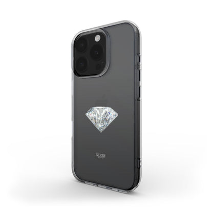 Trendy clear phone case with a sparkling silver and gray diamond design, combining feminine elegance with a stylish, modern look.