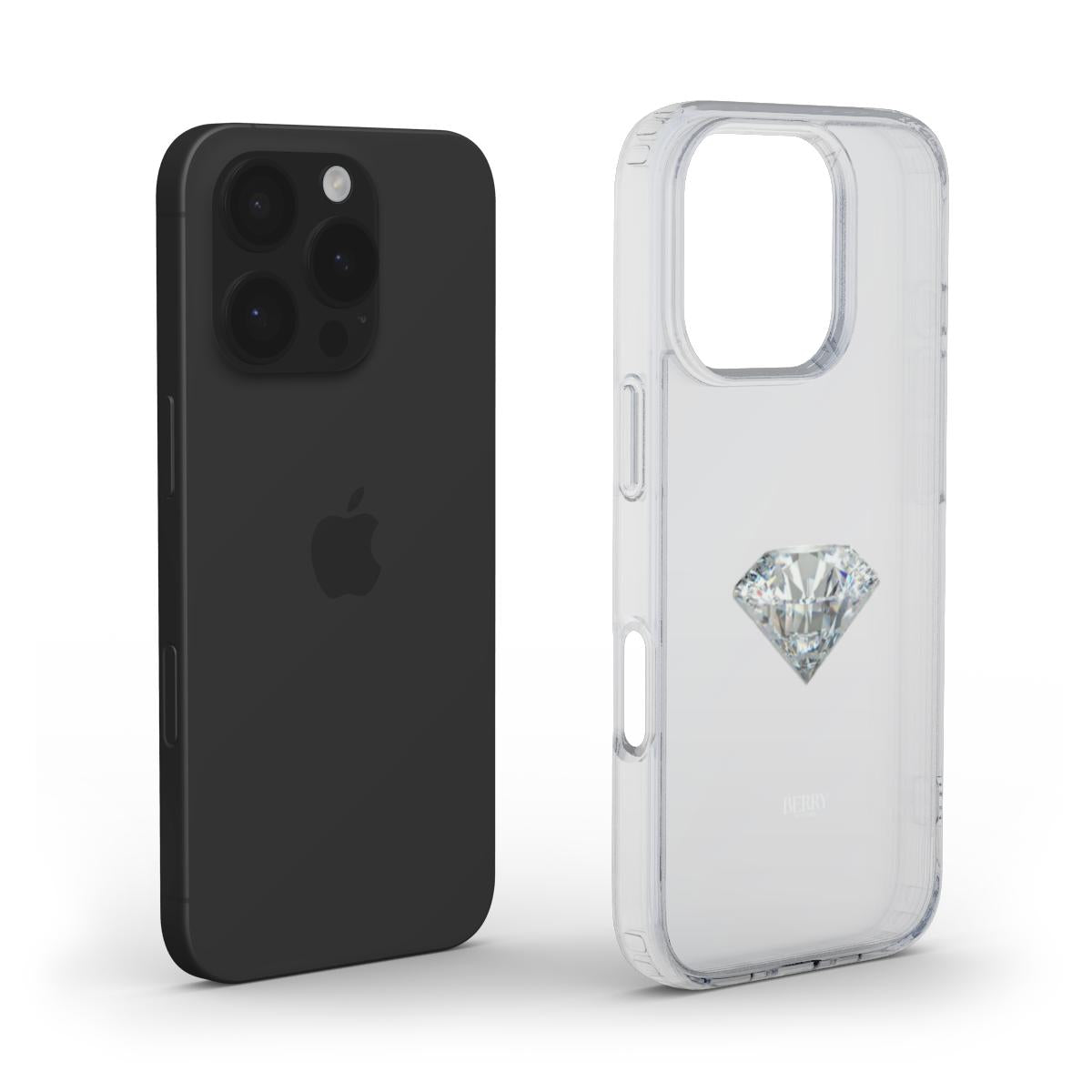 Clear trendy phone case with a silver diamond design in clear, silver, and gray tones, combining feminine elegance with modern aesthetic charm.