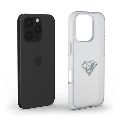 Clear trendy phone case with a silver diamond design in clear, silver, and gray tones, combining feminine elegance with modern aesthetic charm.
