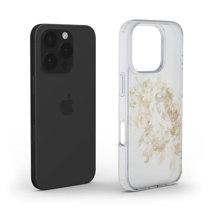 Clear Smokey Tan phone case with beige and gold swirling pattern, offering a trendy, feminine, and beautiful protective style for popular phone models.