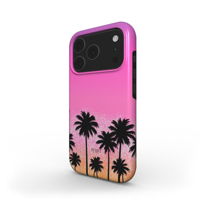 Trendy phone case with pink and orange gradient featuring black palm tree silhouettes, embodying a feminine and aesthetic sunset vibe.