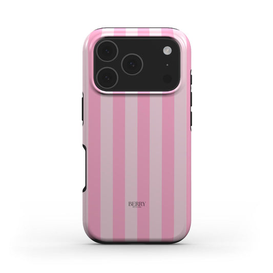 Trendy pink striped phone case with a feminine and girly aesthetic, featuring soft vertical lines and a sleek, popular design.