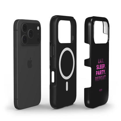 Black phone case with pink text saying "EAT. SLEEP. PARTY. REPEAT." and a circular MagSafe design on the back, stylish and trendy accessory.