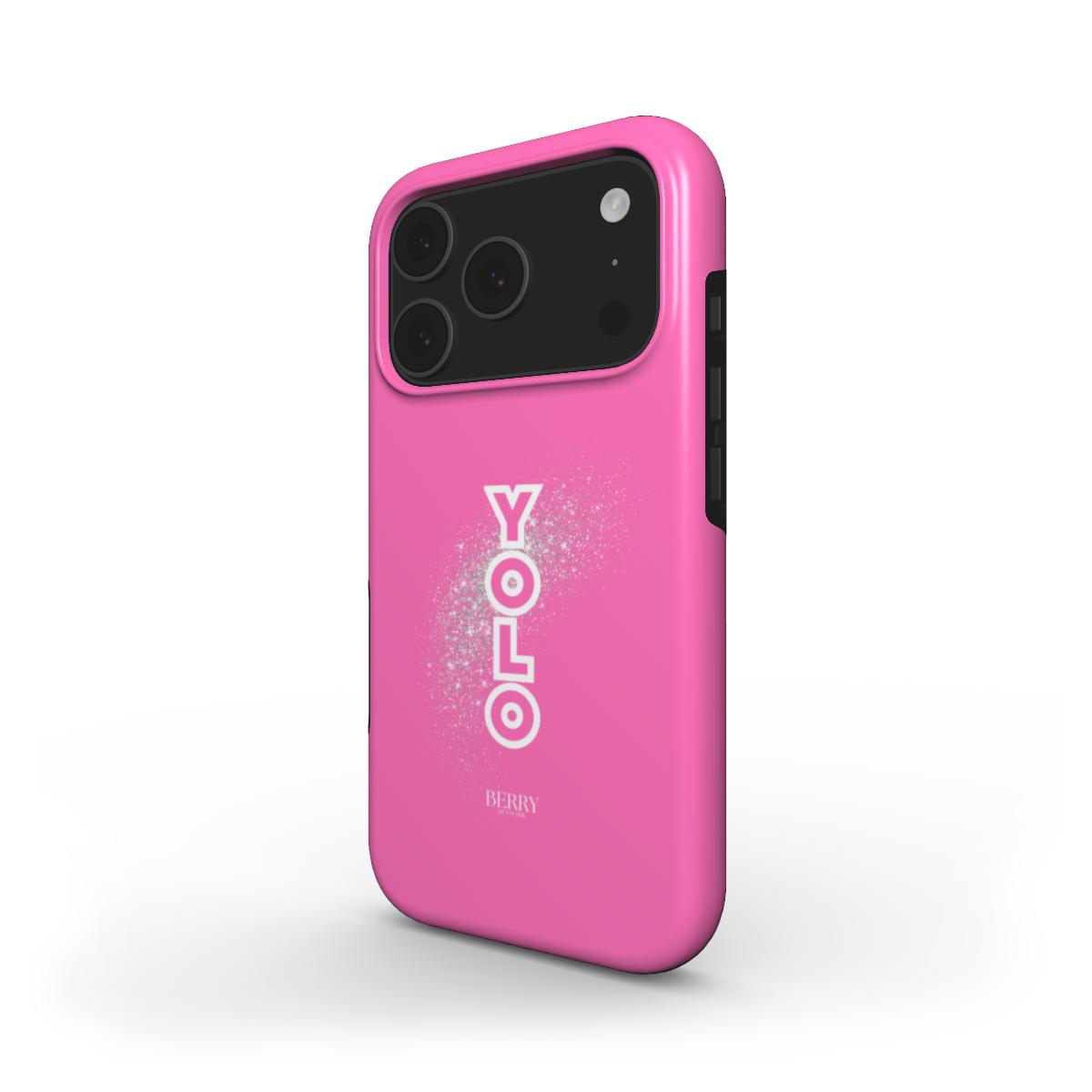 Trendy pink phone case with white YOLO lettering and subtle colorful glitter pattern, designed for a feminine and popular stylish look.