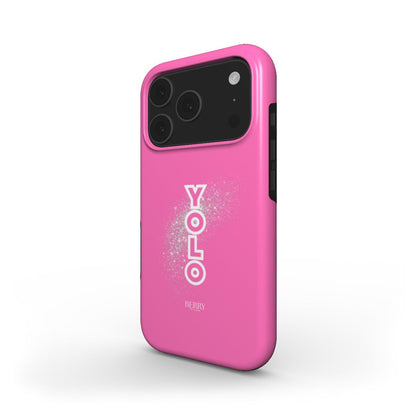 Trendy pink phone case with white YOLO lettering and subtle colorful glitter pattern, designed for a feminine and popular stylish look.