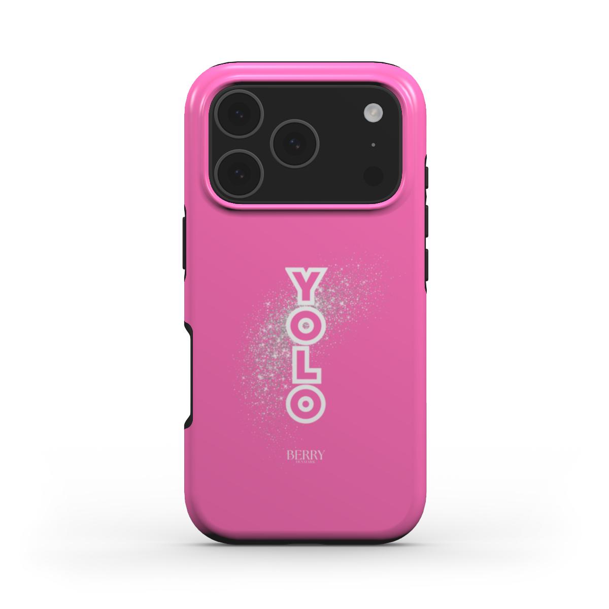 Trendy pink phone case with vertical YOLO text and scattered white glitter effect, combining girly and feminine aesthetic for a popular stylish look.