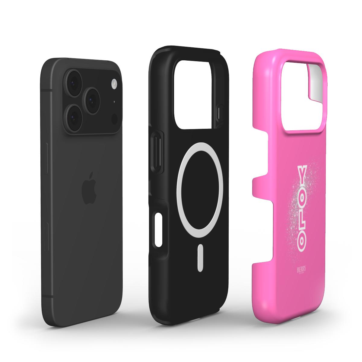 Trendy pink multifunctional phone case with white and colorful accents, designed for a girly, aesthetic, and feminine look with a popular YOLO theme.