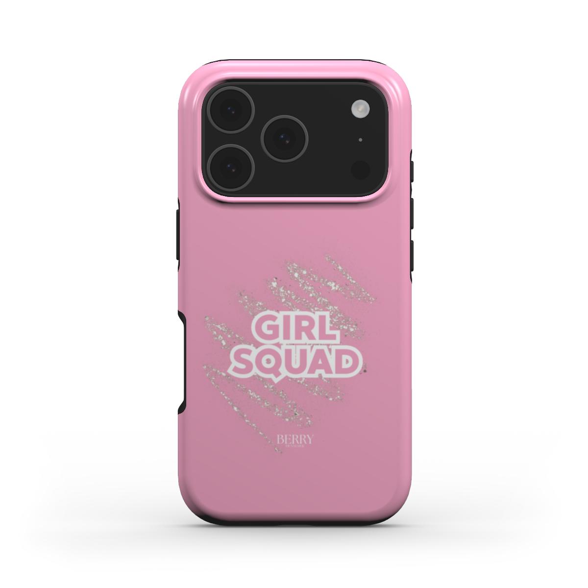 Trendy pink phone case with glitter accents and bold "Girl Squad" text, combining feminine style and popular girly aesthetics for a beautiful look.