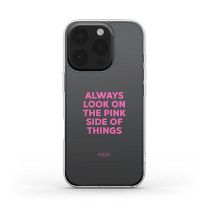 Clear phone case with bold pink motivational text on a clear background, featuring a trendy and feminine design promoting a positive outlook.