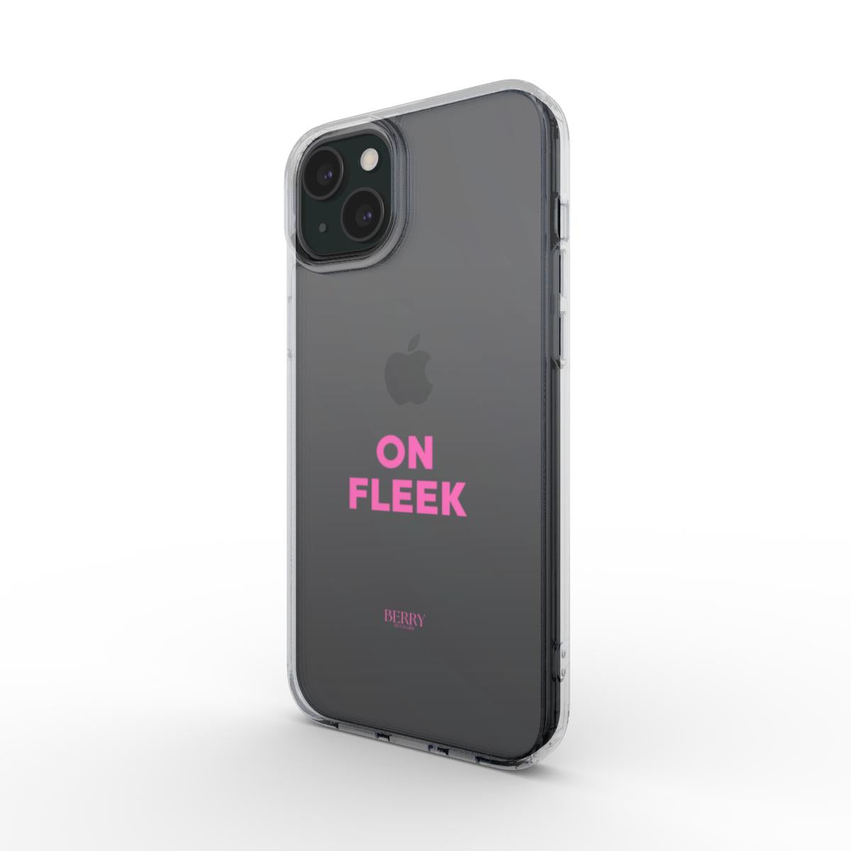 Clear phone case with pink "ON FLEEK" text, offering a trendy and feminine look for that girl aesthetic on a modern smartphone.