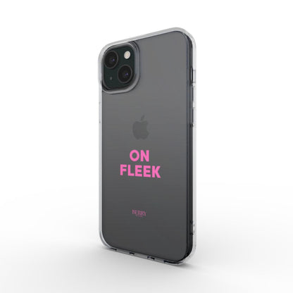 Clear phone case with pink "ON FLEEK" text, offering a trendy and feminine look for that girl aesthetic on a modern smartphone.