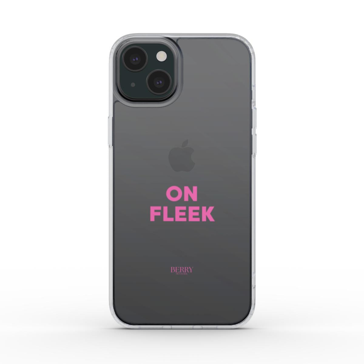 Clear phone case with pink "ON FLEEK" text, combining trendy and feminine style for a beautiful, popular, and girly aesthetic phone accessory.