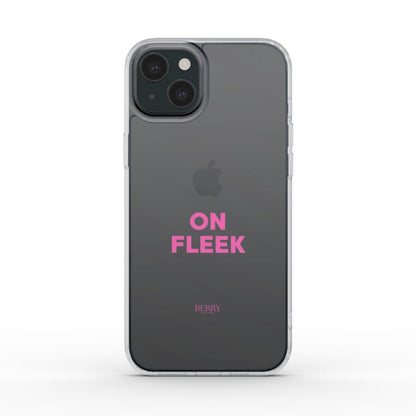 Clear phone case with pink "ON FLEEK" text, combining trendy and feminine style for a beautiful, popular, and girly aesthetic phone accessory.