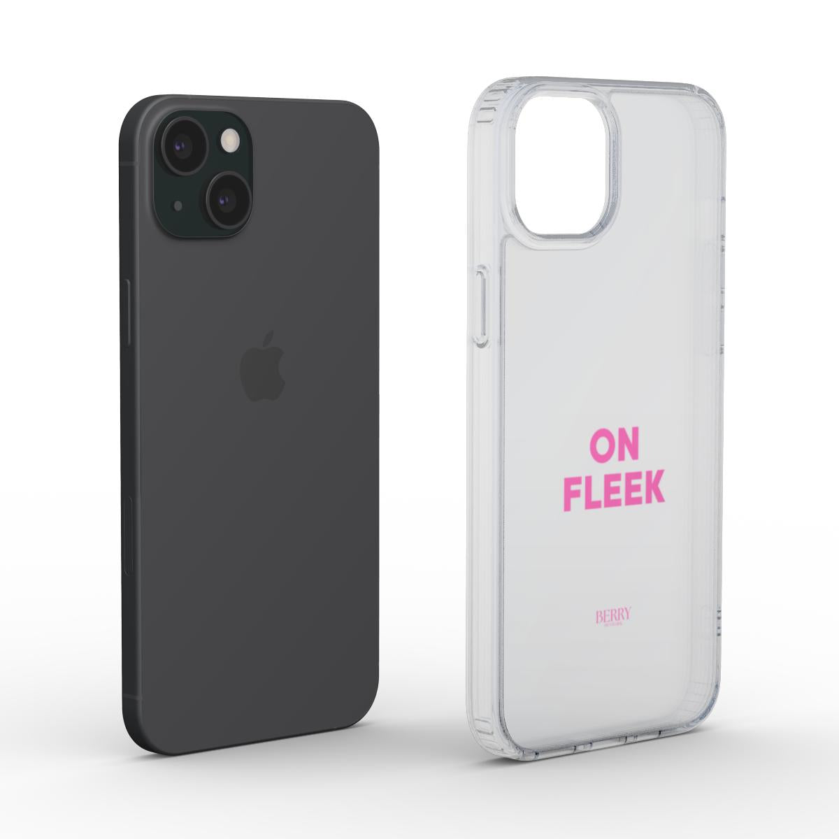 Clear pink phone case with "ON FLEEK" text in bold, trendy font, showcasing a girly and feminine aesthetic for a popular stylish phone accessory.
