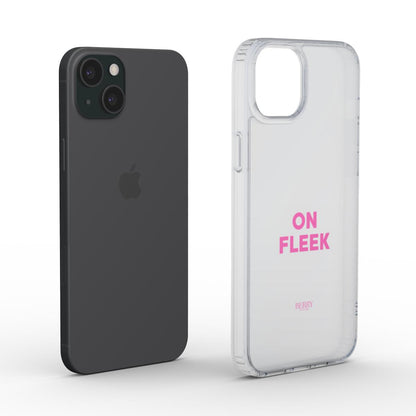 Clear pink phone case with "ON FLEEK" text in bold, trendy font, showcasing a girly and feminine aesthetic for a popular stylish phone accessory.