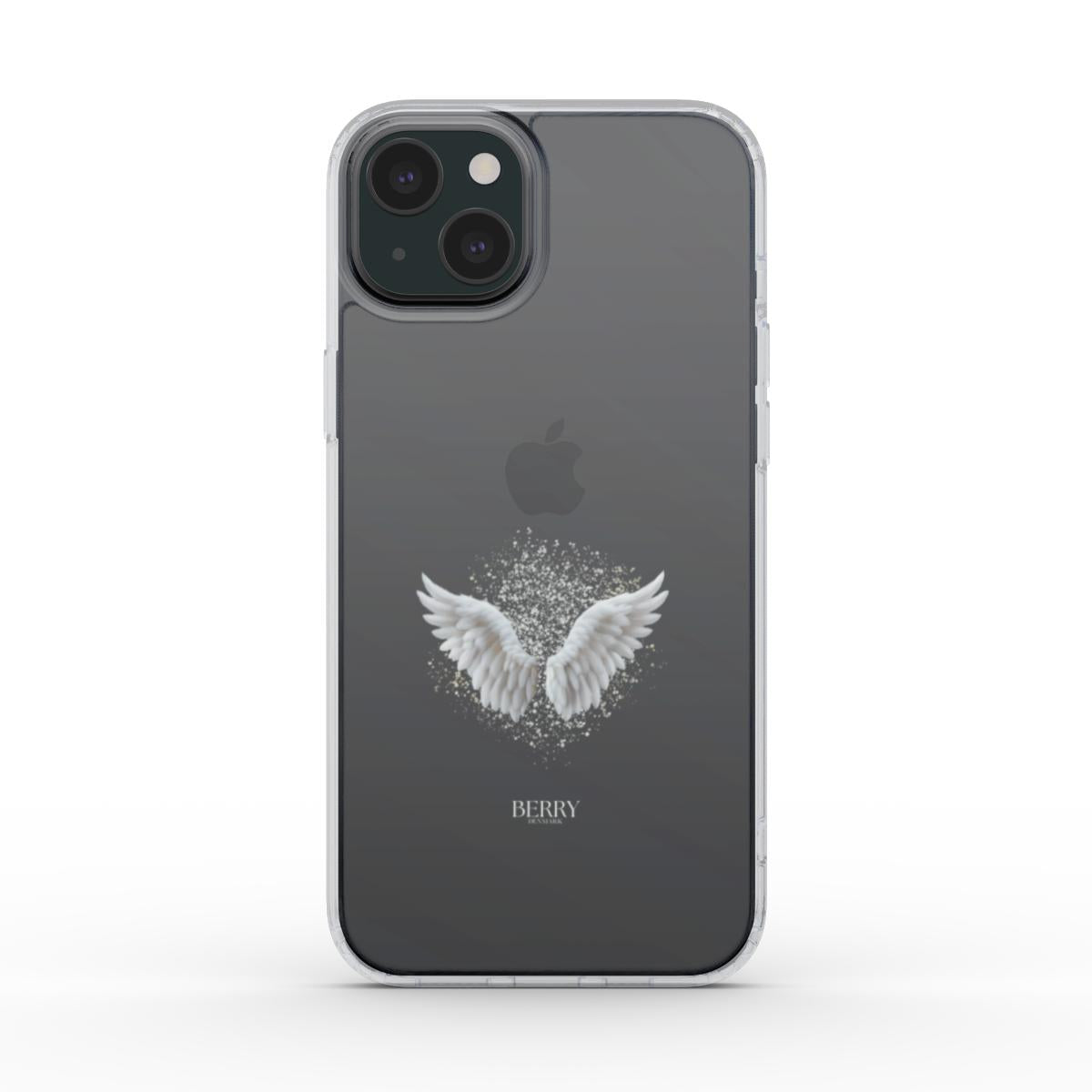 Clear phone case with delicate white angel wings design and subtle sparkling accents, combining trendy and feminine elegance for a stylish look.