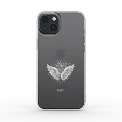 Clear phone case with delicate white angel wings design and subtle sparkling accents, combining trendy and feminine elegance for a stylish look.