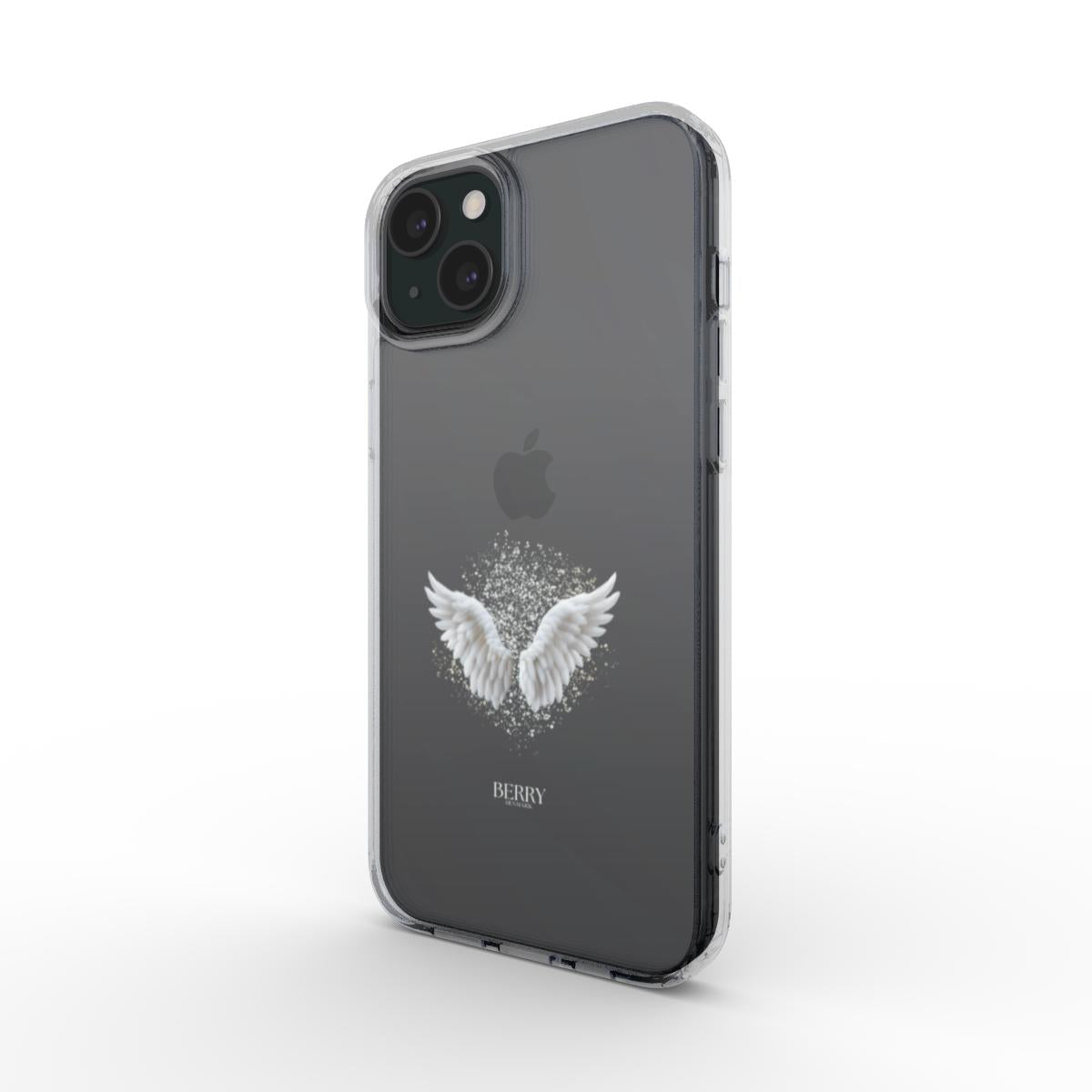 Clear phone case with a white angel wings design on a black phone, showcasing a trendy and feminine aesthetic with a minimalist, lowkey style.