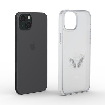 Clear and trendy phone case in transparent white with a subtle angel wings design, offering a chic and feminine look for a popular smartphone model.