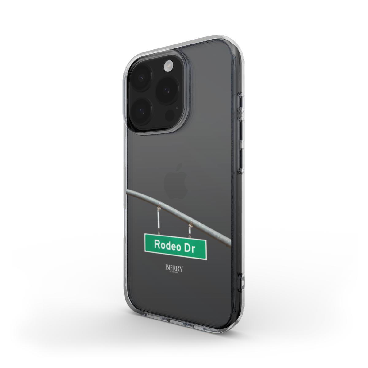 Clear trendy phone case with a transparent design and a stylish green Rodeo Drive street sign, perfect for a feminine and popular look.