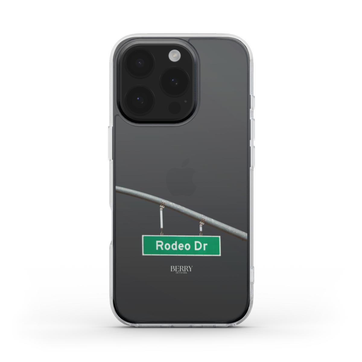 Clear trendy phone case with a green Rodeo Drive street sign design, featuring a girly and feminine aesthetic in a transparent style.