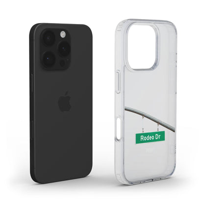 Trendy clear phone case with a feminine green street sign design, perfect for a stylish and popular everyday accessory vibe.
