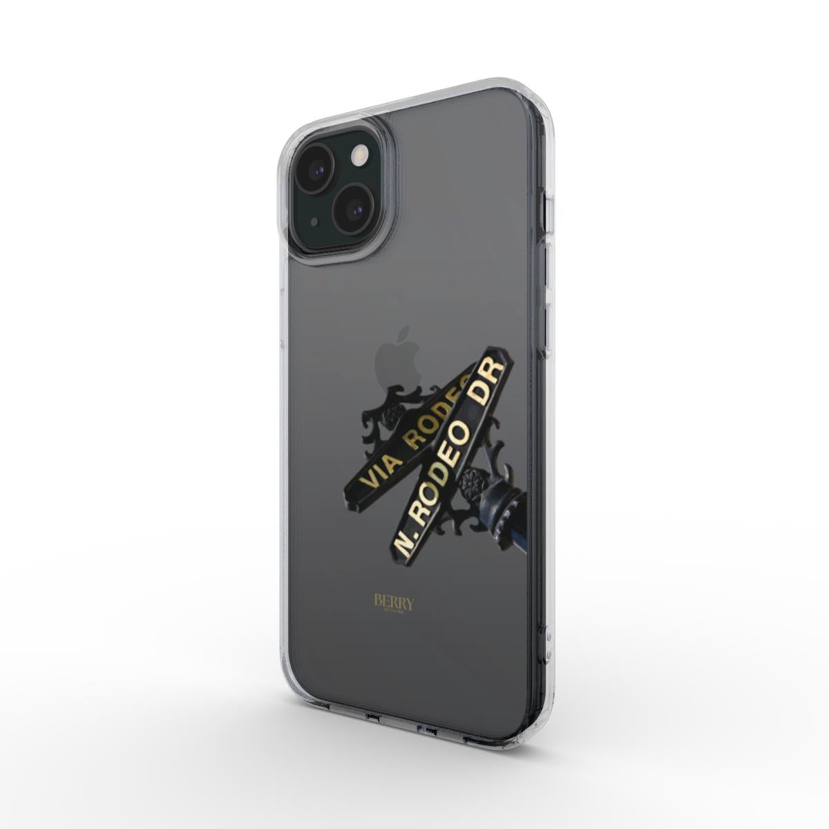 Clear black and transparent phone case with trendy street sign design, combining a feminine and aesthetic look for a popular stylish vibe.