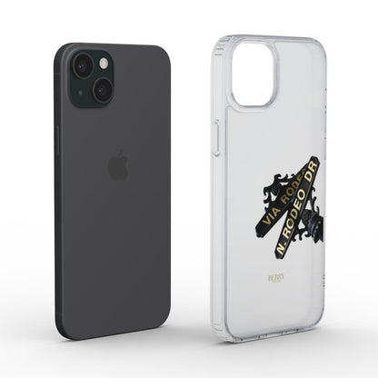 Trendy clear phone case with black and gold Rodeo Drive design, offering a stylish and feminine look with a sleek black phone beside it.