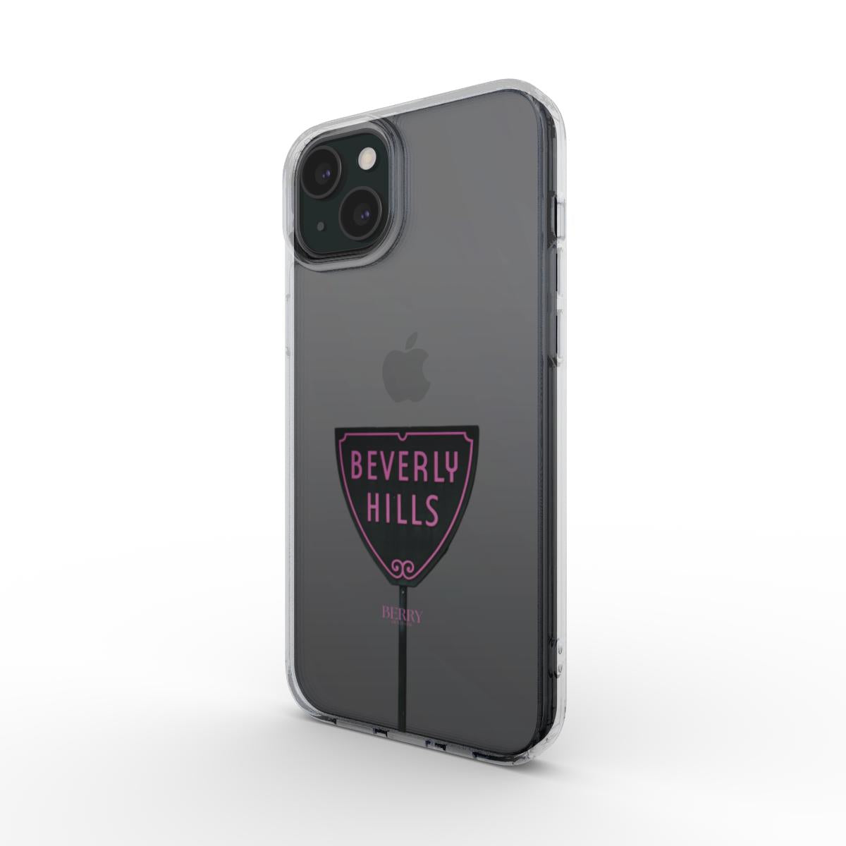 Trendy clear phone case with a pink and black Beverly Hills sign design, combining a feminine and aesthetic look for stylish everyday use.