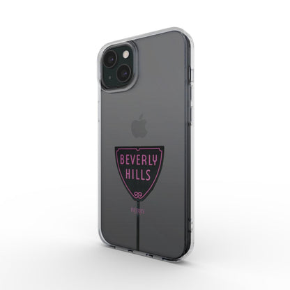 Trendy clear phone case with a pink and black Beverly Hills sign design, combining a feminine and aesthetic look for stylish everyday use.