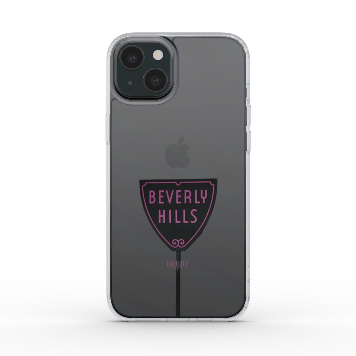 Clear phone case with a trendy pink and black Beverly Hills sign design, combining girly and feminine style with a popular, aesthetic look.