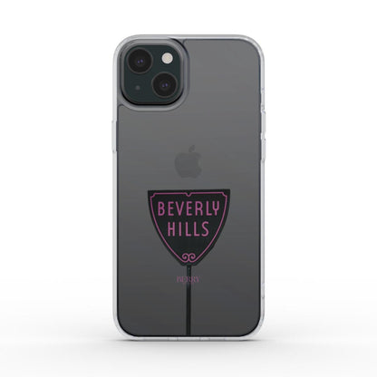 Clear phone case with a trendy pink and black Beverly Hills sign design, combining girly and feminine style with a popular, aesthetic look.