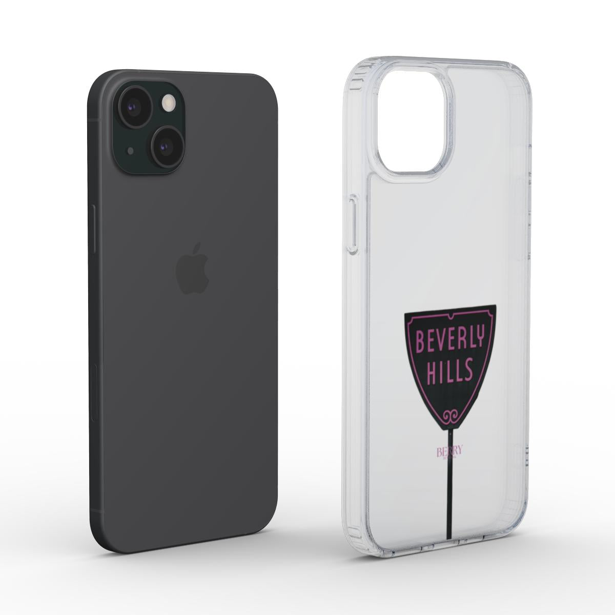 Clear phone case with black and pink Beverly Hills sign design, showcasing a trendy and feminine style for a popular and beautiful look.