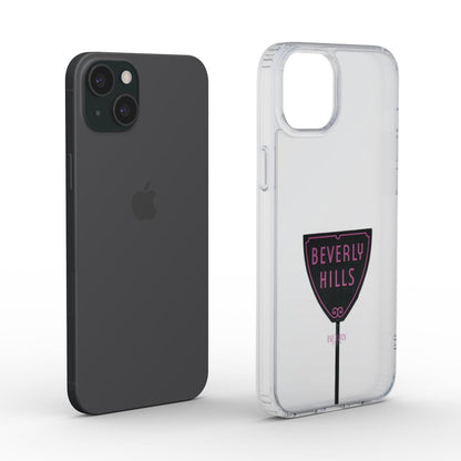 Clear phone case with black and pink Beverly Hills sign design, showcasing a trendy and feminine style for a popular and beautiful look.