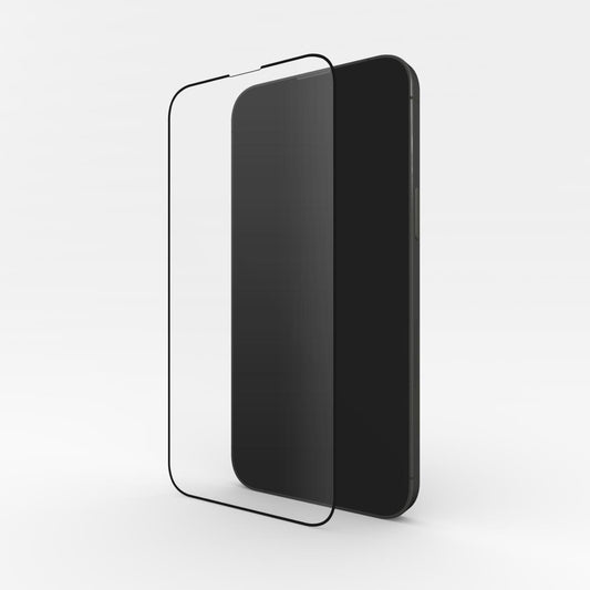 Clear transparent screen protector floating next to a sleek black smartphone, offering stylish and invisible phone protection with a trendy feminine touch.