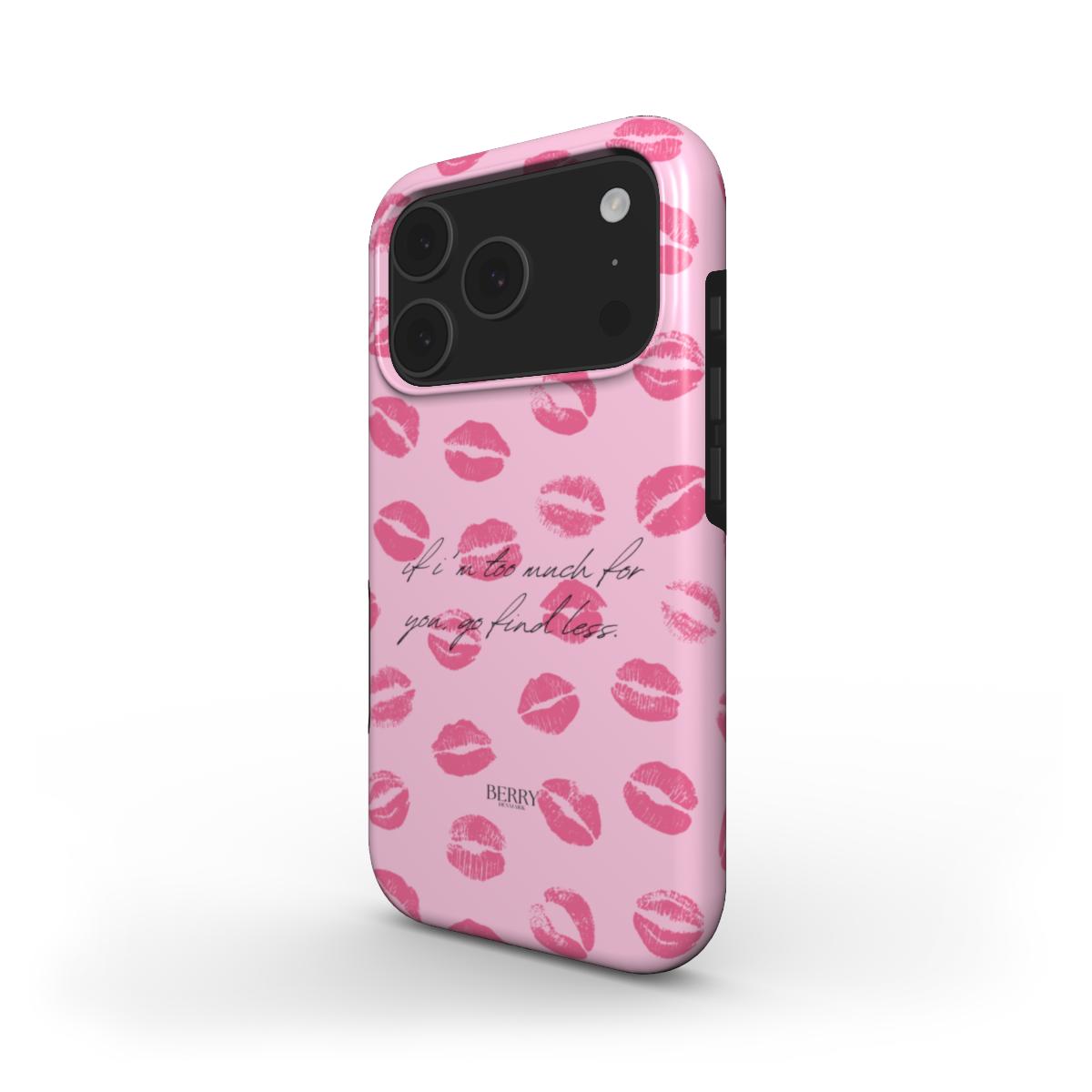 Pink phone case with trendy lip print pattern and elegant script, offering a girly and feminine vibe for a stylish, beautiful look.