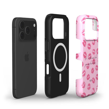 Trendy pink phone case with kiss print pattern and a feminine quote, designed to add a girly, stylish touch to your device.