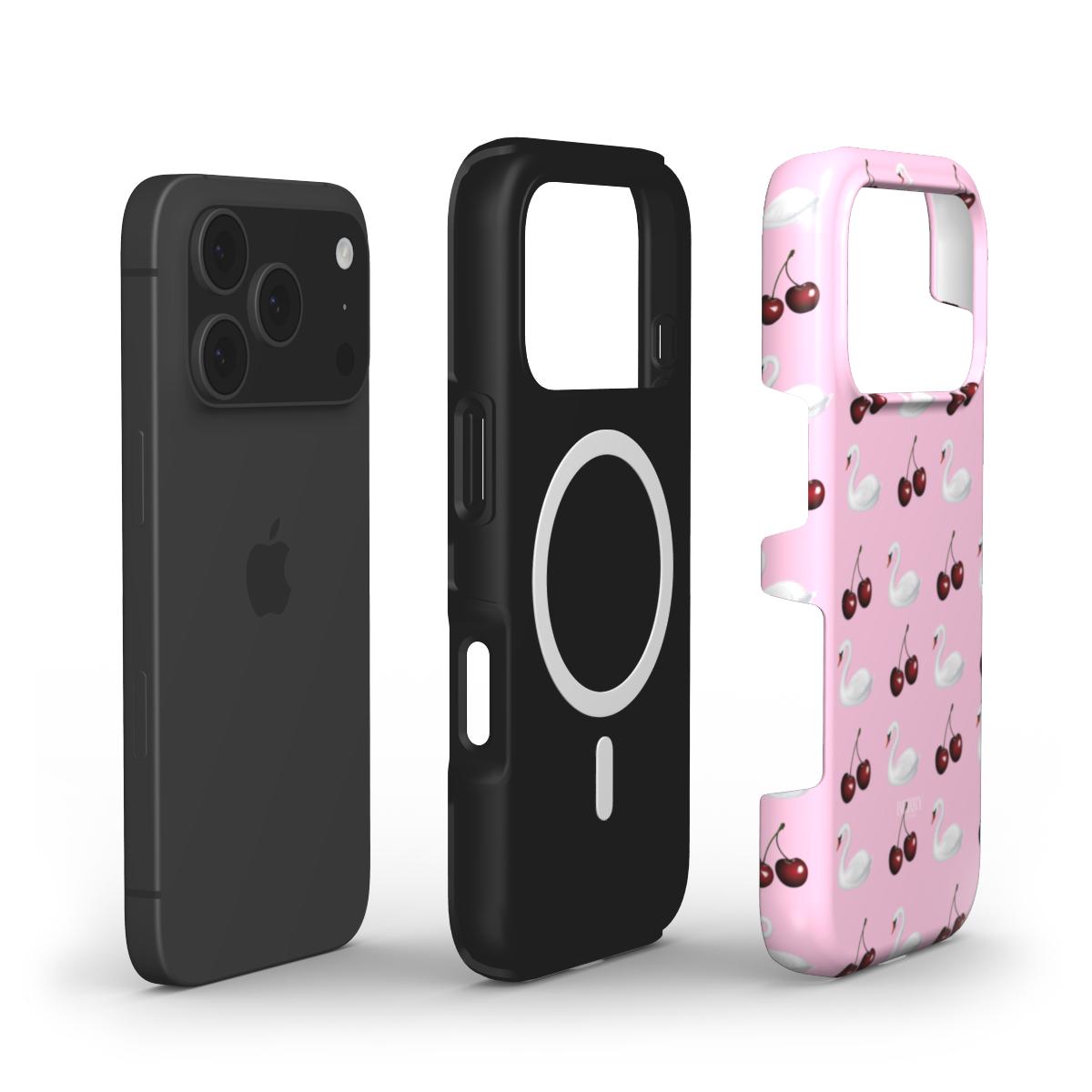 Trendy pink phone case with white swan and cherry patterns, combining feminine and aesthetic style for a popular and beautiful look.