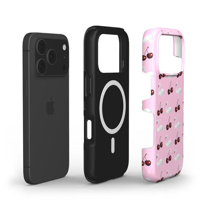Trendy pink phone case with white swan and cherry patterns, combining feminine and aesthetic style for a popular and beautiful look.